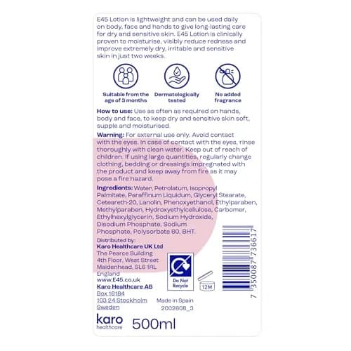 E45 Moisturising Lotion for Sensitive Skin, Fragrance-Free, 500 ml (16.9 fl oz) | Dermatologically Tested for 24-Hour Hydration thumbnail 7