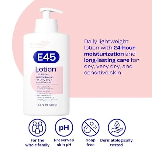 E45 Moisturising Lotion for Sensitive Skin, Fragrance-Free, 500 ml (16.9 fl oz) | Dermatologically Tested for 24-Hour Hydration thumbnail 2