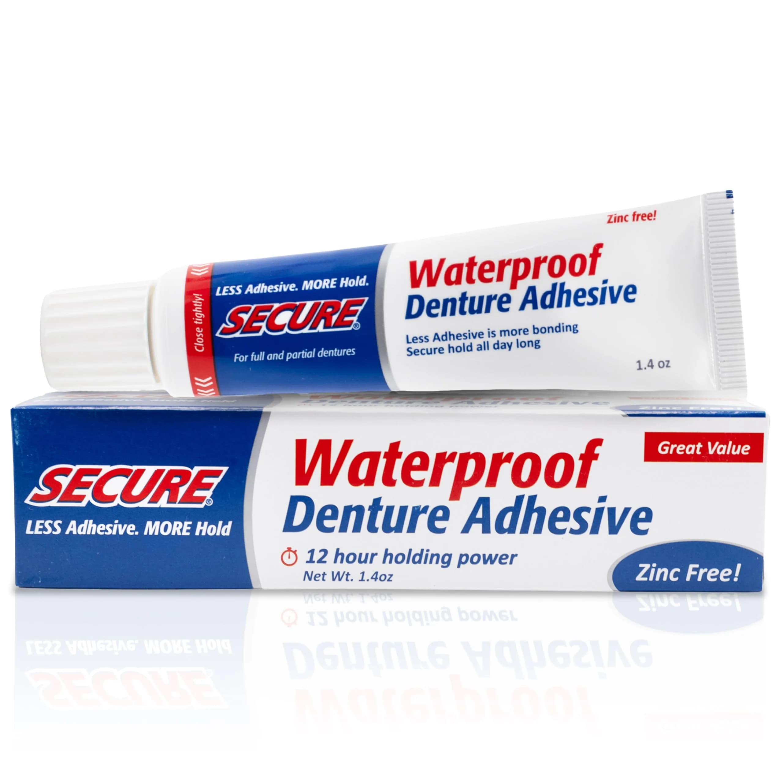 Secure Denture Adhesive Cream 11.2 oz (8 x 1.4 oz Tubes) | Waterproof Seal, Zinc-Free, Food Grade Ingredients — Regular