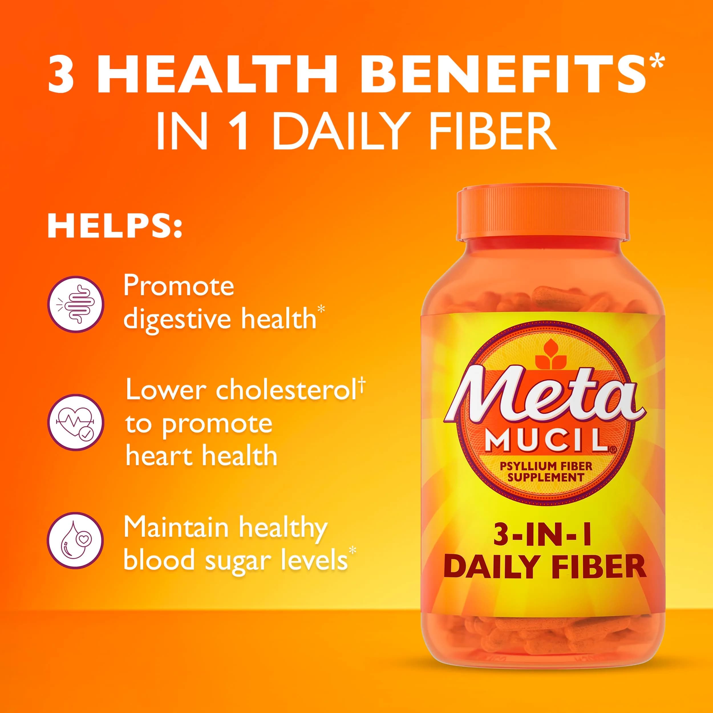 Metamucil Psyllium Husk Fiber Capsules, 300 Count | USA-Sourced Digestive Health Supplement thumbnail 3