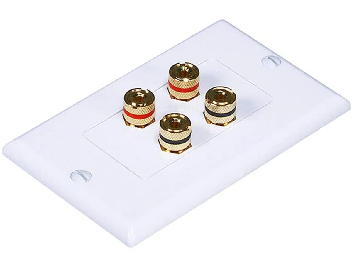 Monoprice High Quality Banana Binding Post Two-Piece Wall Plate for 2 Speakers | Corrosion-Resistant Gold Plated Connectors — Gold, White