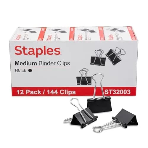Staples Medium Binder Clips 0.63 Inch Capacity Black 144 Pack | Sturdy Steel Construction for Office & School thumbnail 1