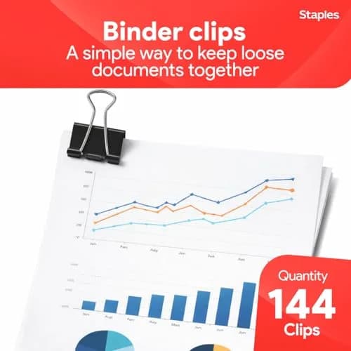 Staples Medium Binder Clips 0.63 Inch Capacity Black 144 Pack | Sturdy Steel Construction for Office & School thumbnail 2