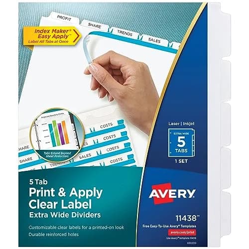 Avery Index Maker Clear Label Dividers, 5-Tab, Extra Wide, 1 Set | Organize Reports & Presentations thumbnail 1