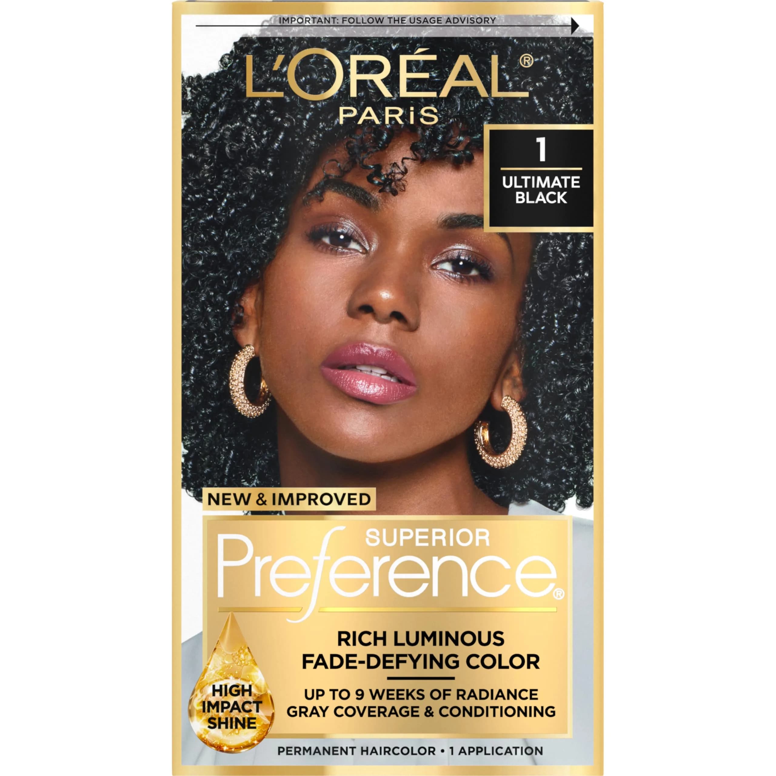 L'Oreal Paris Superior Preference Permanent Hair Color, Ultimate Black 1, 3.38ml (0.11 Fl Oz) | Fade-Defying Radiance for Up to 9 Weeks - main product image