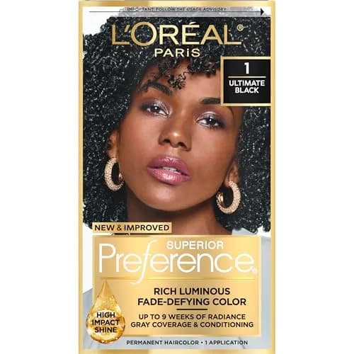 L'Oreal Paris Superior Preference Permanent Hair Color, Ultimate Black 1, 3.38ml (0.11 Fl Oz) | Fade-Defying Radiance for Up to 9 Weeks thumbnail 1