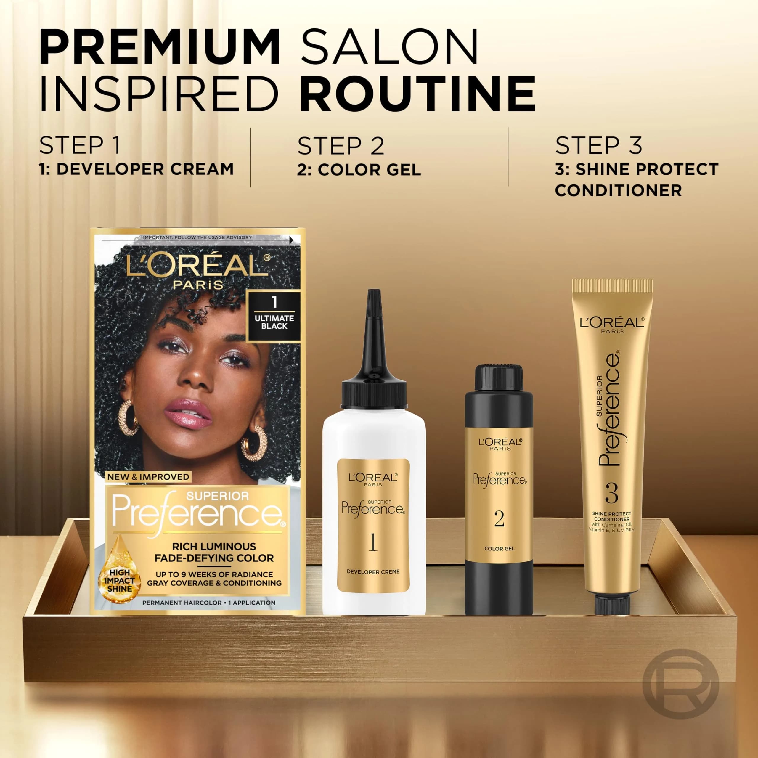 L'Oreal Paris Superior Preference Permanent Hair Color, Ultimate Black 1, 3.38ml (0.11 Fl Oz) | Fade-Defying Radiance for Up to 9 Weeks - view 3