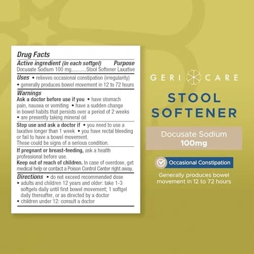 GeriCare Docusate Sodium Stool Softener 100mg | 1000 Gel Caps for Constipation Relief thumbnail 7