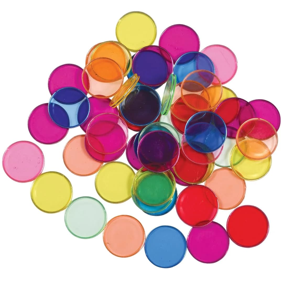 LEARNING ADVANTAGE Transparent Plastic Counters, Steel-Ringed, Set of 50 | Durable Assorted Color Counting Tools - main product image