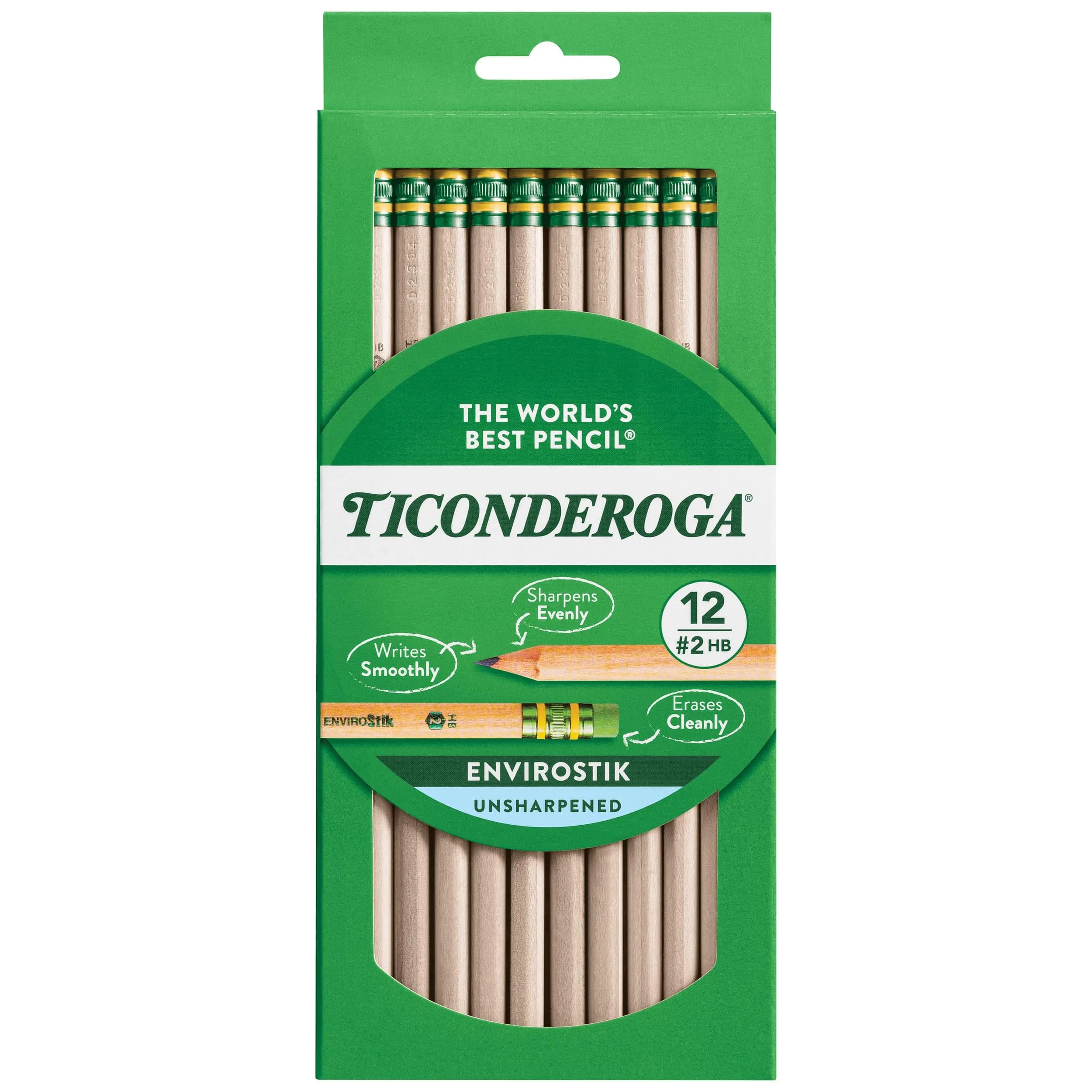Ticonderoga Envirostik Wood-Cased Pencils #2 HB Soft Natural 12 Count | Smooth Writing & Clean Corrections — Green