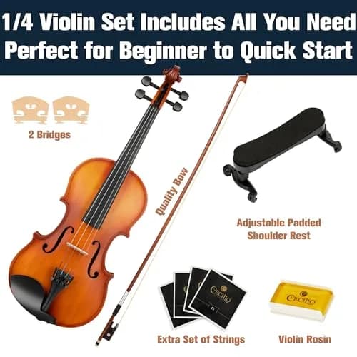 Mendini by Cecilio 1/4 Violin Set with Case, Bow, Rosin, Shoulder Rest & Extra Strings | Hand Carved Solid Wood Beginner Violin Kit thumbnail 6