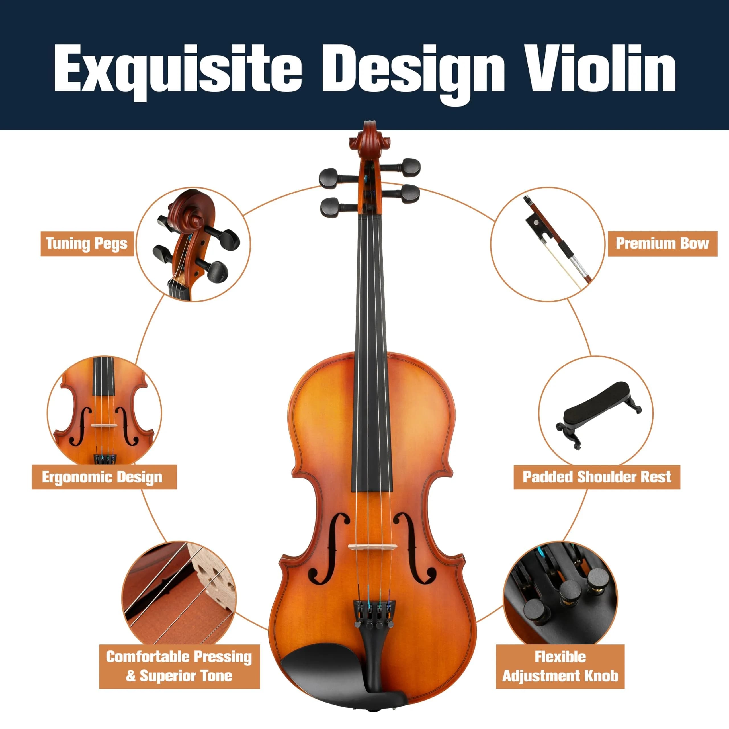 Mendini by Cecilio 4/4 Satin Antique Violin Outfit - Hand-Carved Solid Wood Beginner Violin Kit - view 4