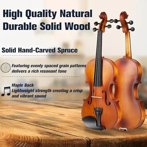 Mendini by Cecilio 4/4 Satin Antique Violin Outfit - Hand-Carved Solid Wood Beginner Violin Kit thumbnail 3
