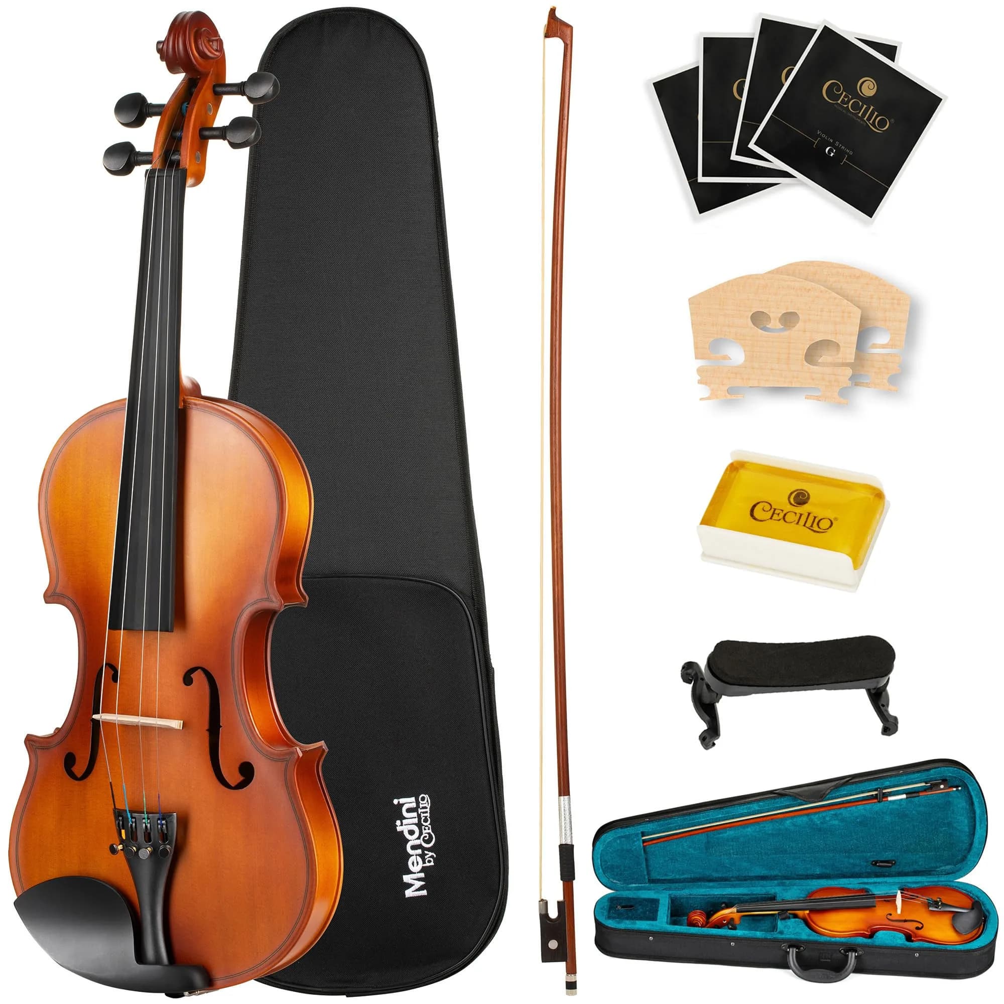 Mendini by Cecilio 1/4 Violin Set with Case, Bow, Rosin, Shoulder Rest & Extra Strings | Hand Carved Solid Wood Beginner Violin Kit — Satin Antique / 3/4