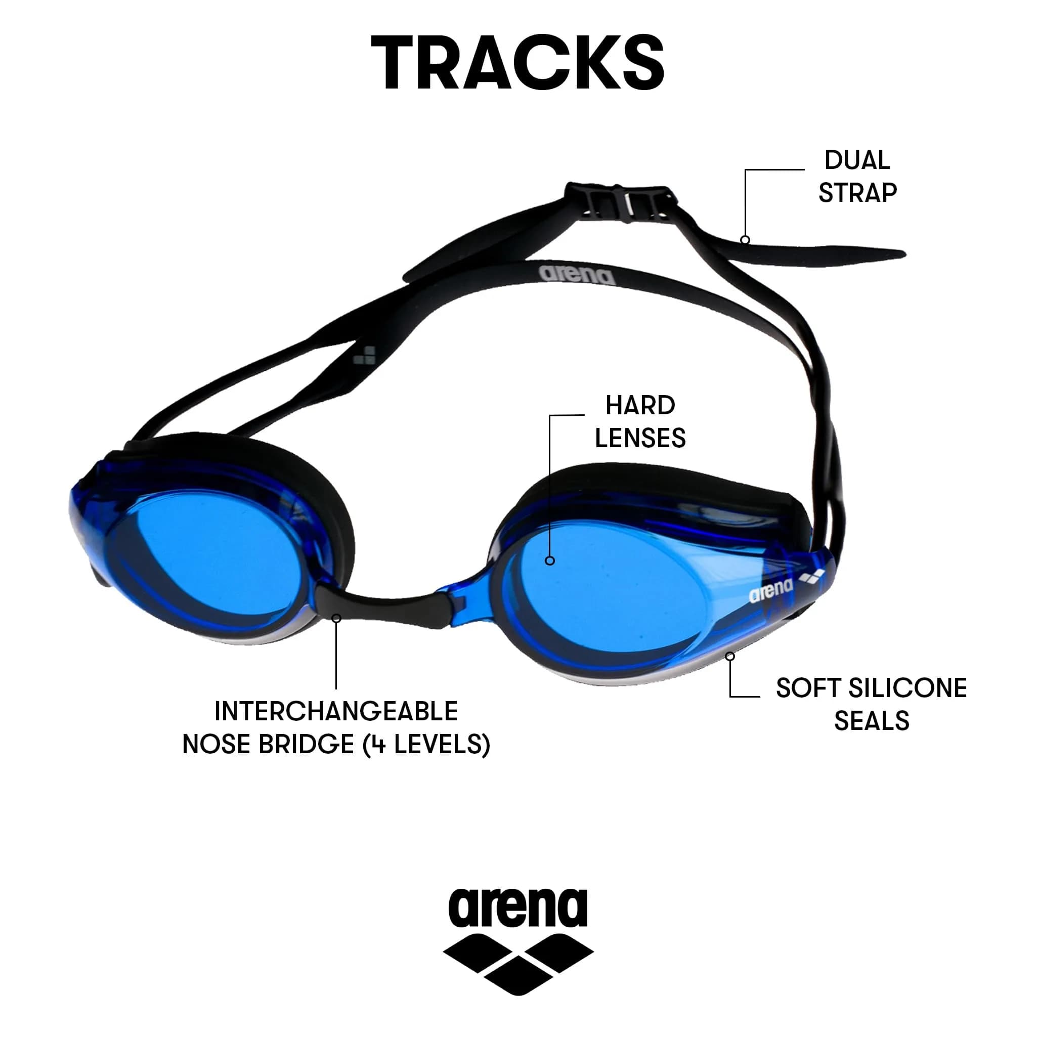 ARENA Tracks Adult Non-Mirror Racing Swim Goggles | Black/Blue/Black - view 2