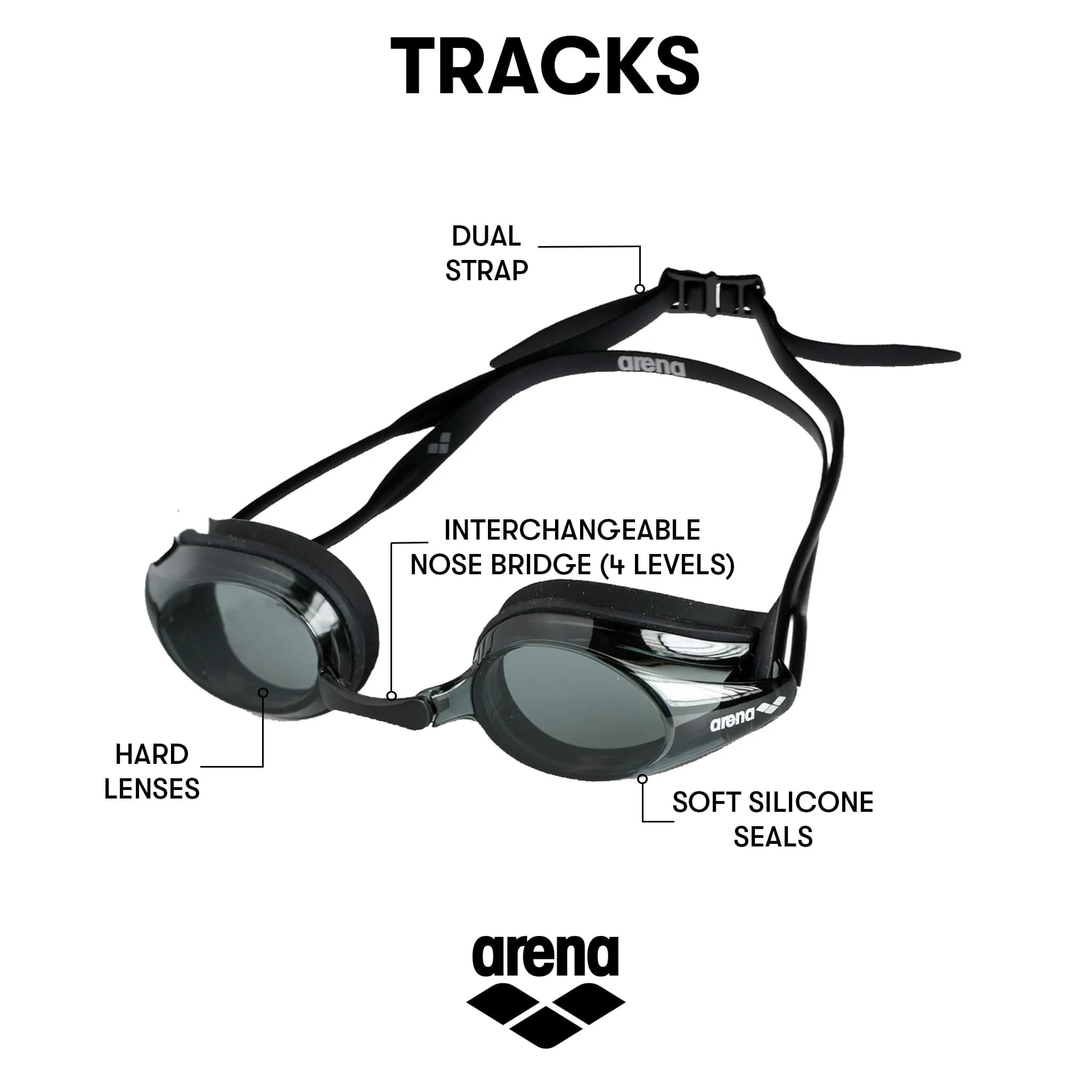 ARENA Tracks Adult Non-Mirror Racing Swim Goggles - Black/Smoke/Black - view 2