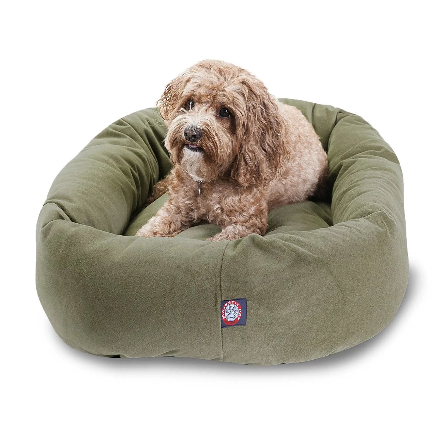 Majestic Pet Suede Calming Dog Bed, 32 Inch Medium, Round, Washable, Sage | Supportive Bolster & Elegant Design — Sage