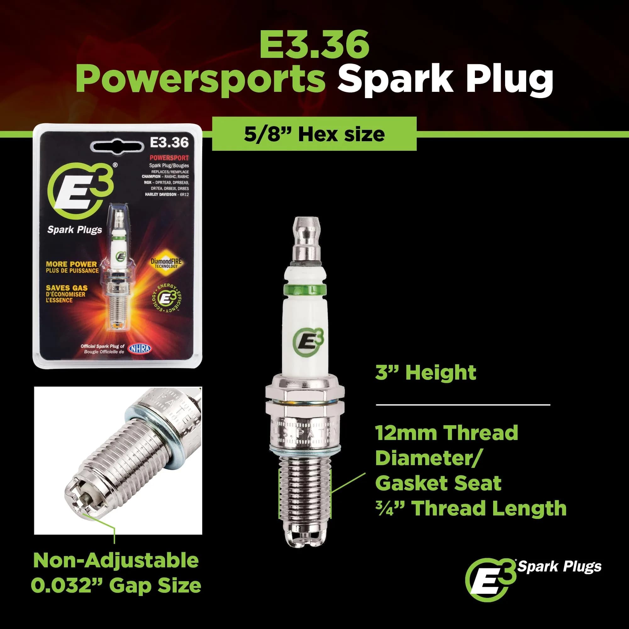 E3 E3.36 Premium Powersports Spark Plug for V-Twin Motorcycles, Harley Davidson Engines, Pack of 1 | 12mm Thread, 0.750-inch Reach - view 4