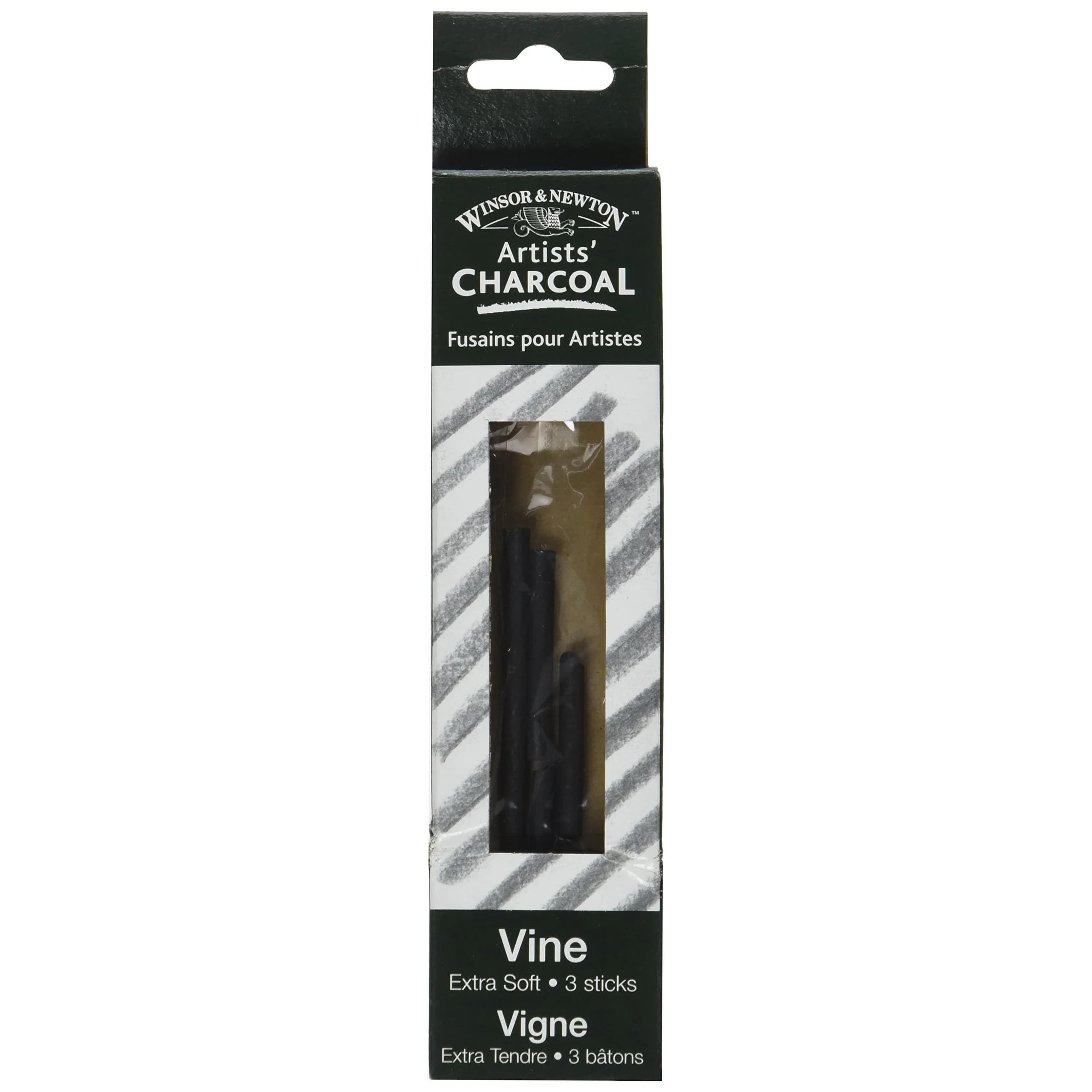 Winsor & Newton Artist Vine Charcoal Sticks Extra-Soft 3 Sticks | Professional Grade Drawing Medium — black