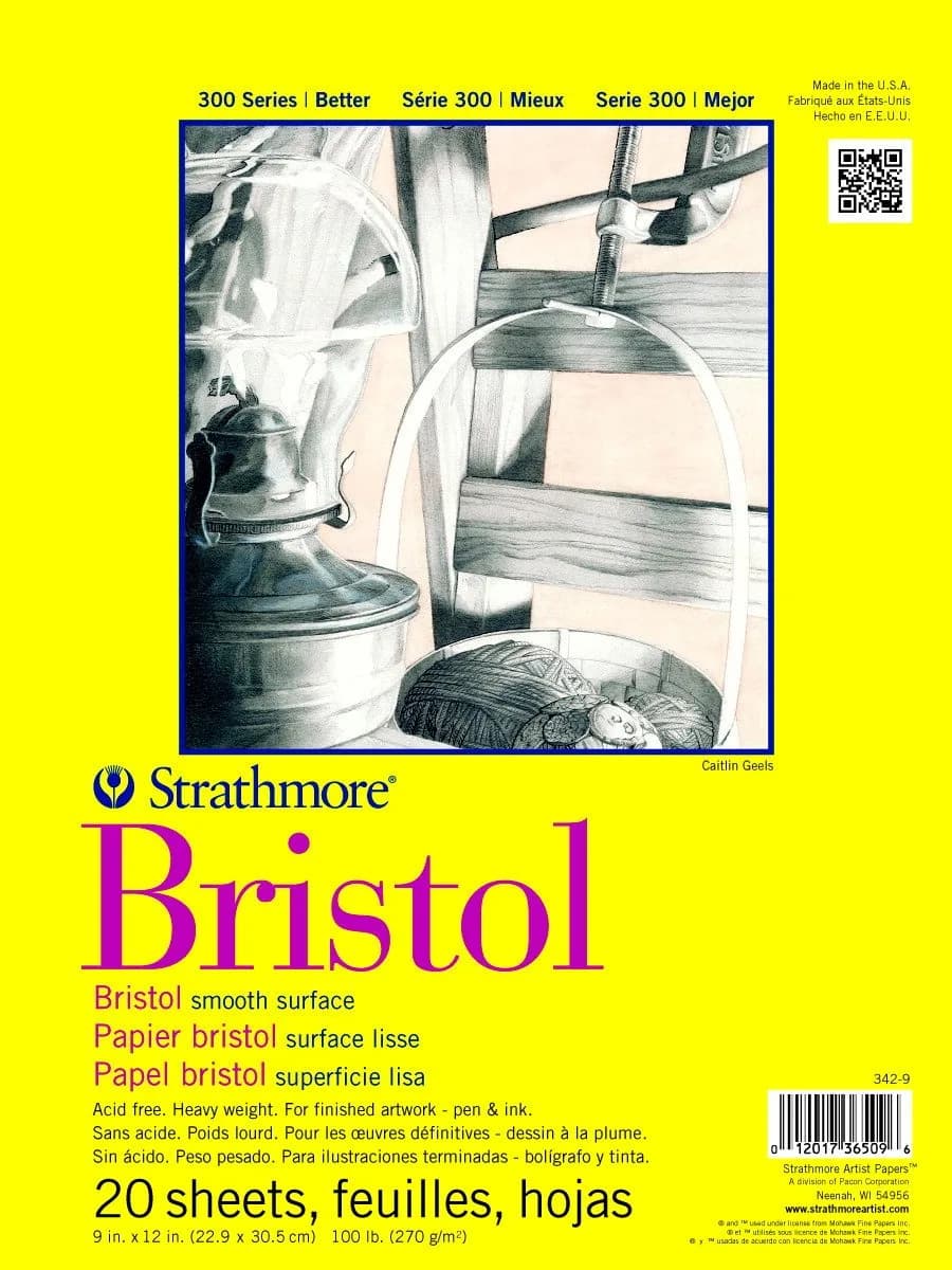 Strathmore 300 Series Bristol Pad, Smooth Surface, Tape Bound, 9x12 inches (22.86 x 30.48 cm), 20 Sheets (100lb/270gsm) | Artist Paper for Markers, Pen & Ink - main product image