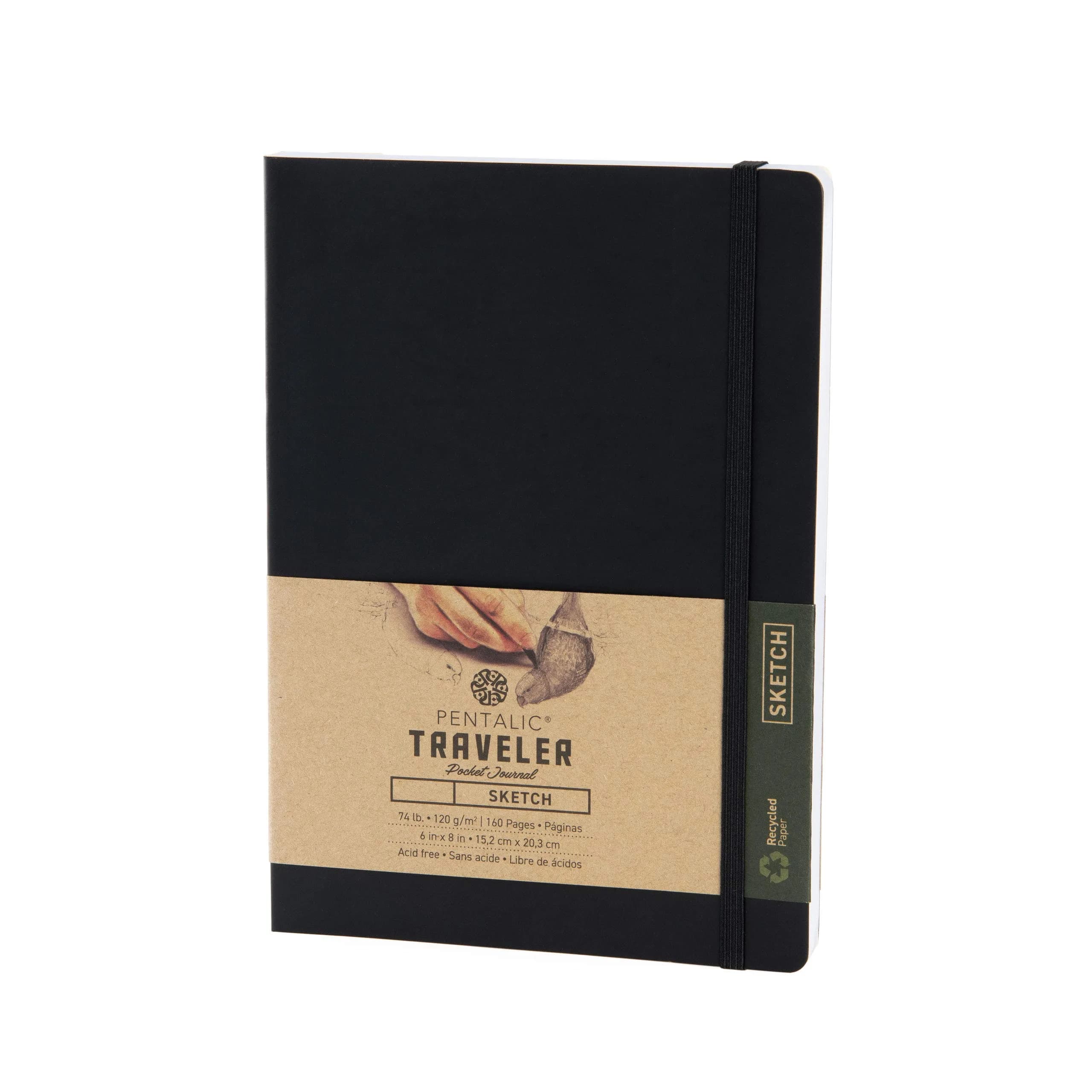 Pentalic 6" x 8" Pocket Sketchbook Traveler Journal, 160 Pages, Black | Acid-Free Recycled Paper - main product image