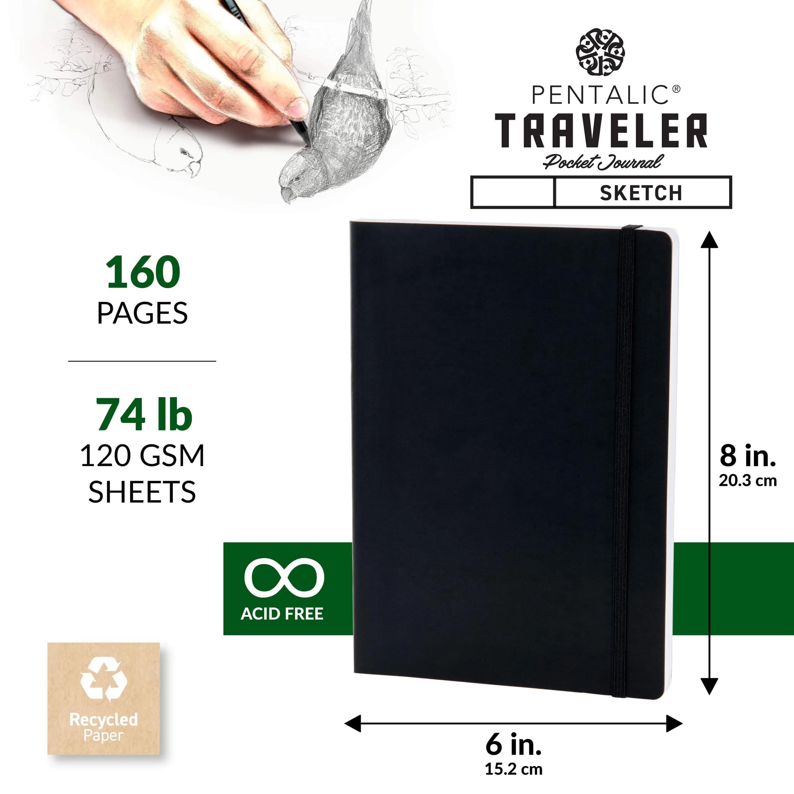 Pentalic 6" x 8" Pocket Sketchbook Traveler Journal, 160 Pages, Black | Acid-Free Recycled Paper - view 3