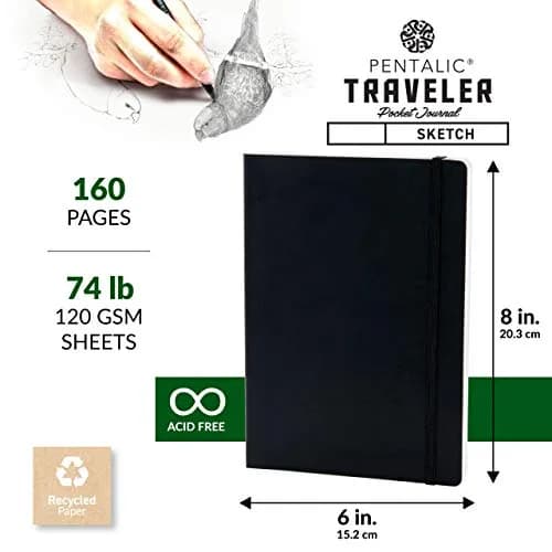Pentalic 6" x 8" Pocket Sketchbook Traveler Journal, 160 Pages, Black | Acid-Free Recycled Paper thumbnail 3