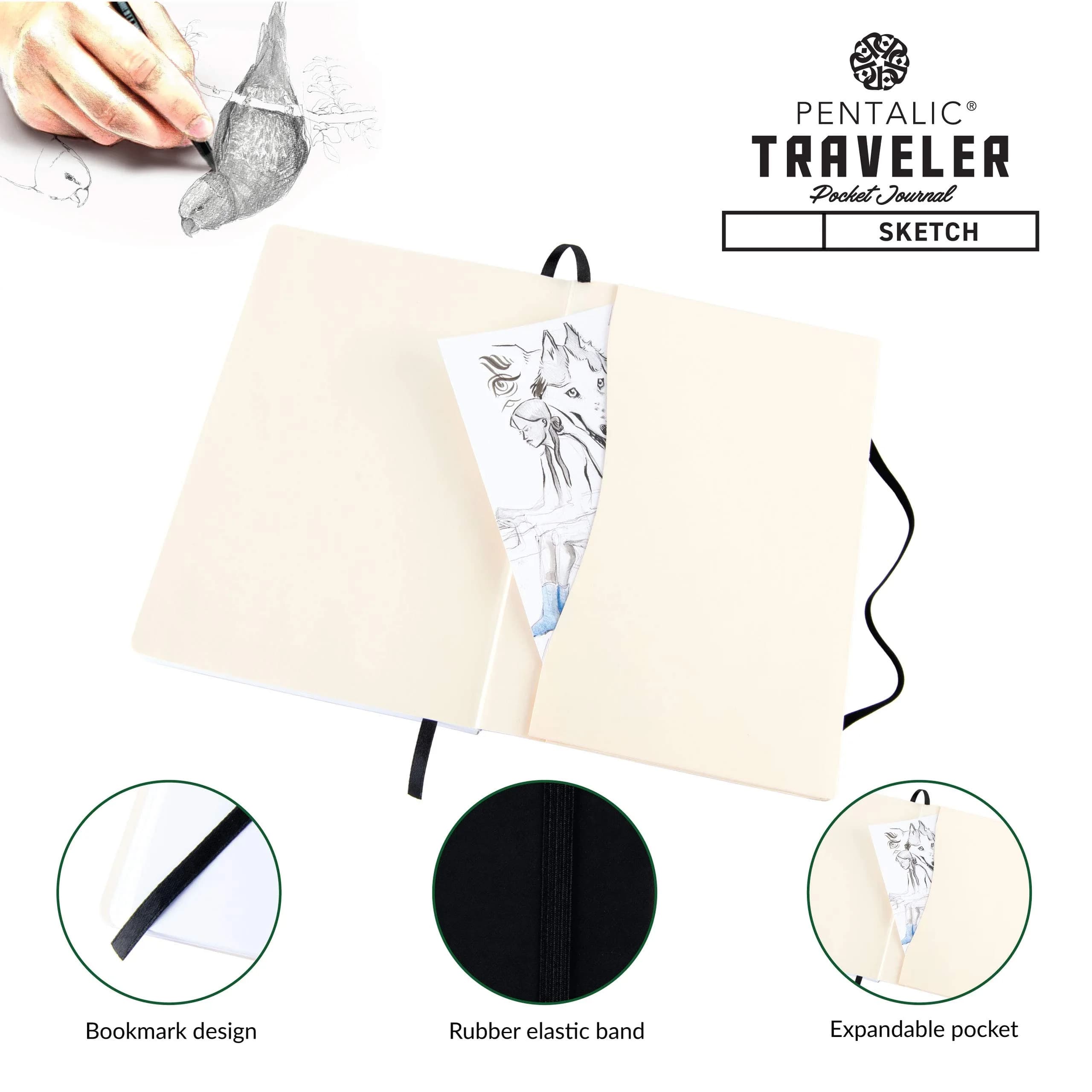 Pentalic 6" x 8" Pocket Sketchbook Traveler Journal, 160 Pages, Black | Acid-Free Recycled Paper - view 4