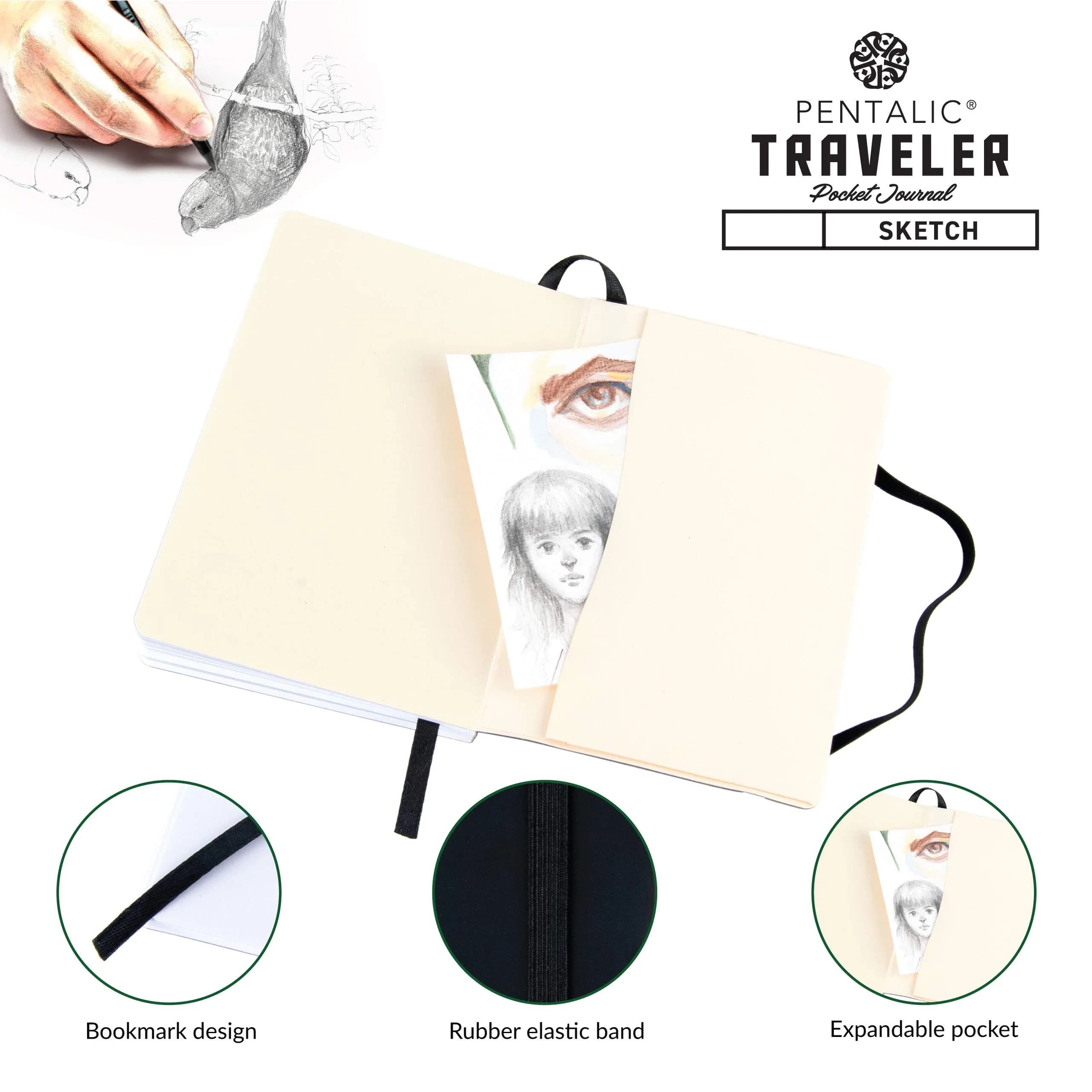 Pentalic 4" x 6" Pocket Sketchbook Traveler Journal, 160 Pages, Black | Acid-Free Paper for Artists & Students - view 5