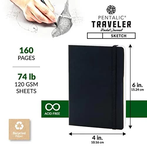 Pentalic 4" x 6" Pocket Sketchbook Traveler Journal, 160 Pages, Black | Acid-Free Paper for Artists & Students thumbnail 3