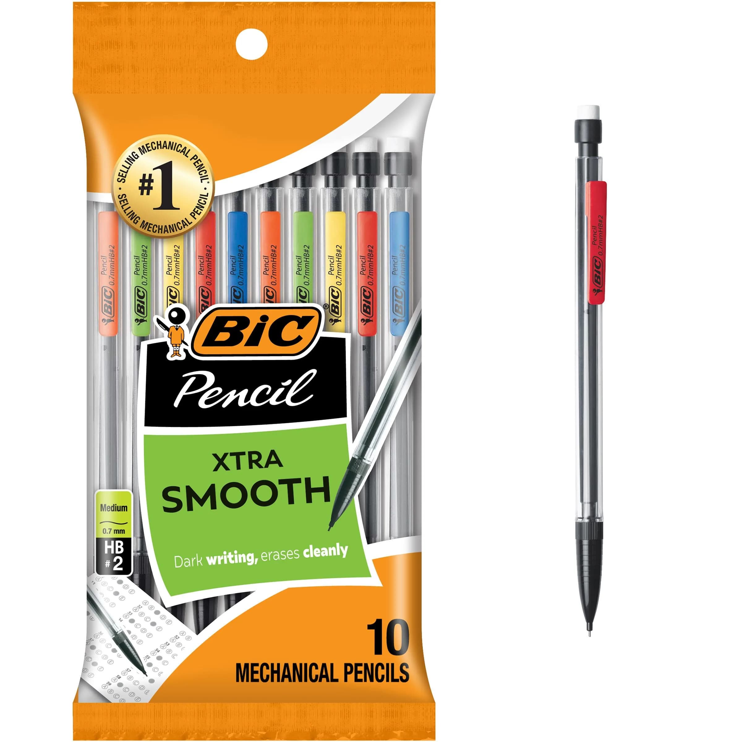 BIC Xtra-Smooth Mechanical Pencils with Erasers, Medium Point (0.7mm), 10-Count Pack | Smooth Writing for School & Office - main product image