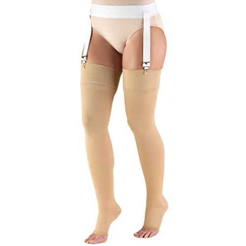Truform 30-40 mmHg Compression Stockings for Men and Women, Thigh High, Open Toe, Beige, Medium thumbnail 1