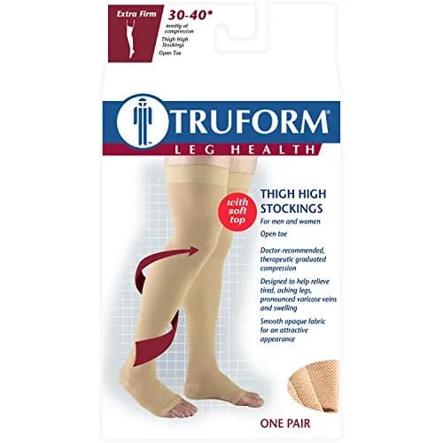 Truform 30-40 mmHg Compression Stockings for Men and Women, Thigh High, Open Toe, Beige, Medium thumbnail 3