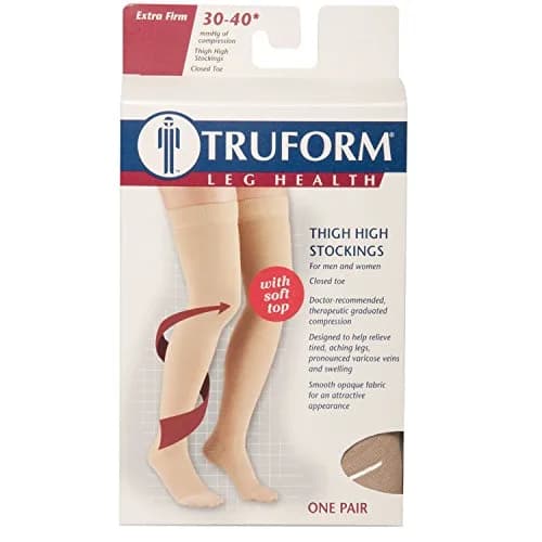 Truform 30-40 mmHg Compression Stockings for Men and Women, Thigh High, Beige, Small thumbnail 3