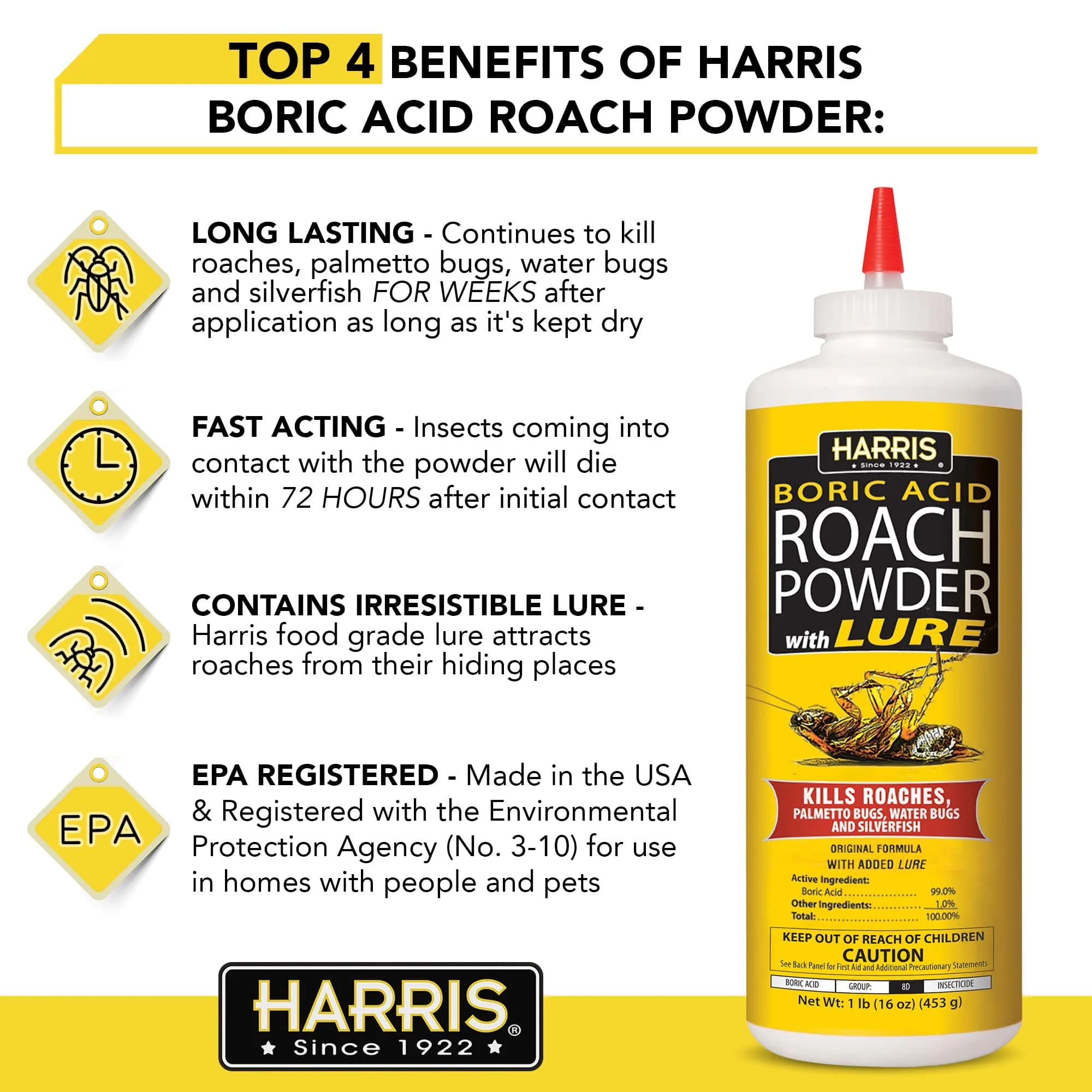 HARRIS Boric Acid Roach and Silverfish Killer Powder 16oz | EPA Registered Insecticide - view 3