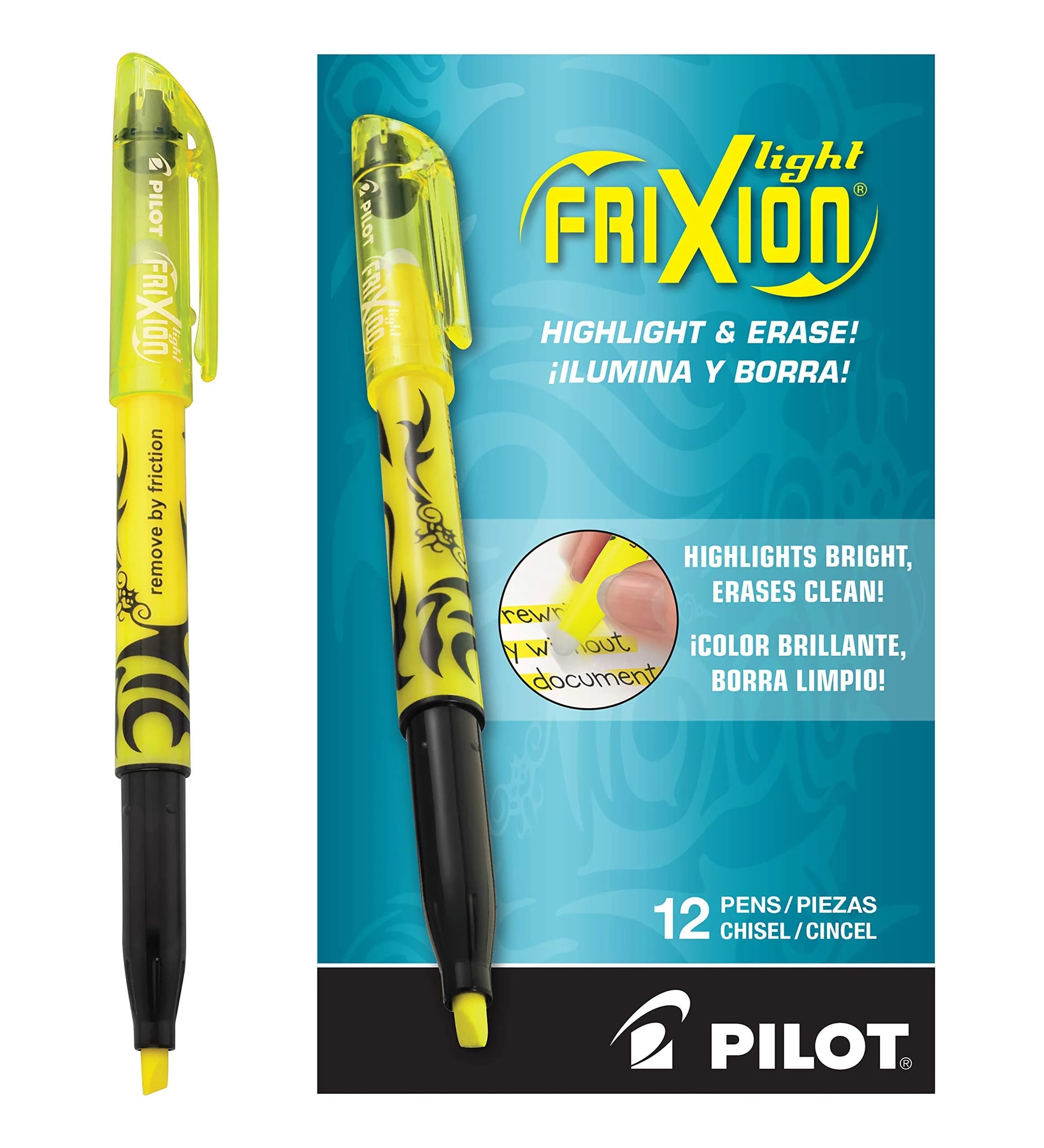 PILOT FriXion Light Erasable Highlighters, Chisel Tip, Yellow, 12-Pack | Erasable, No Bleed, Fast Drying - main product image