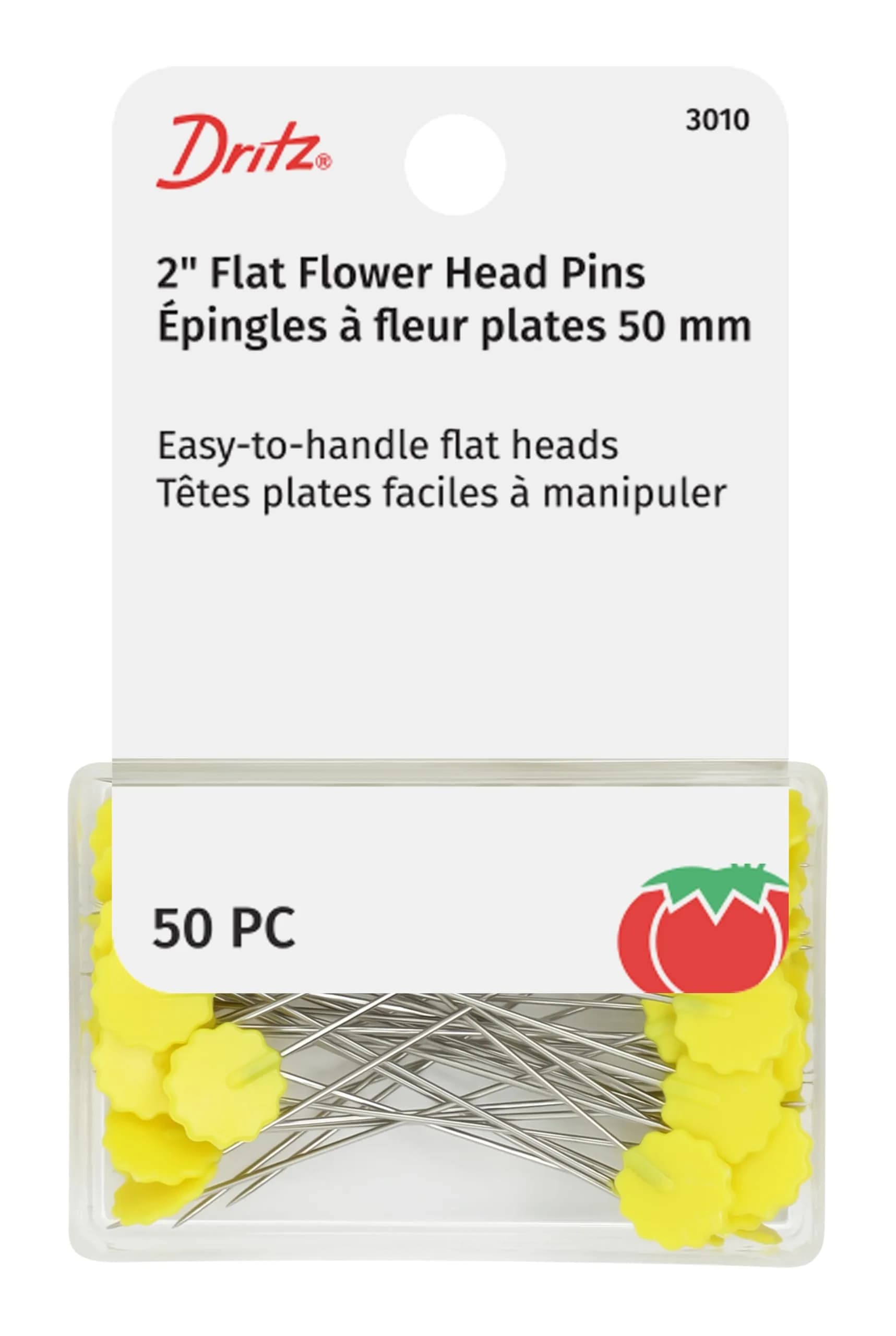Dritz Flat Flower Head Pins 2-Inch (50-Count, Yellow) | Quilting & Fabric Holding Pins