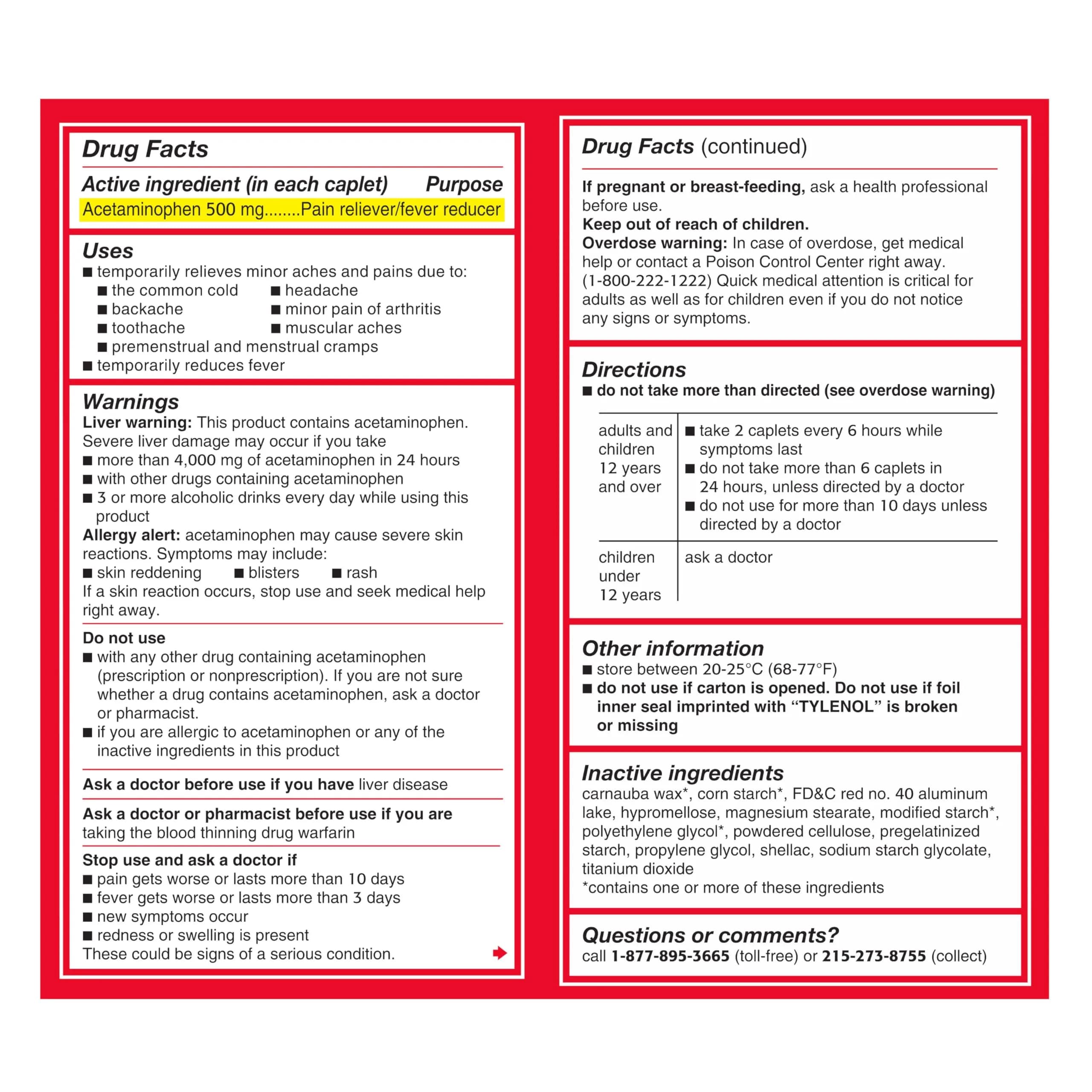 Tylenol Extra Strength Caplets 500 mg Acetaminophen 100 Count (50 x 2 ct Pouches) | Pain Relief & Fever Reduction - view 9