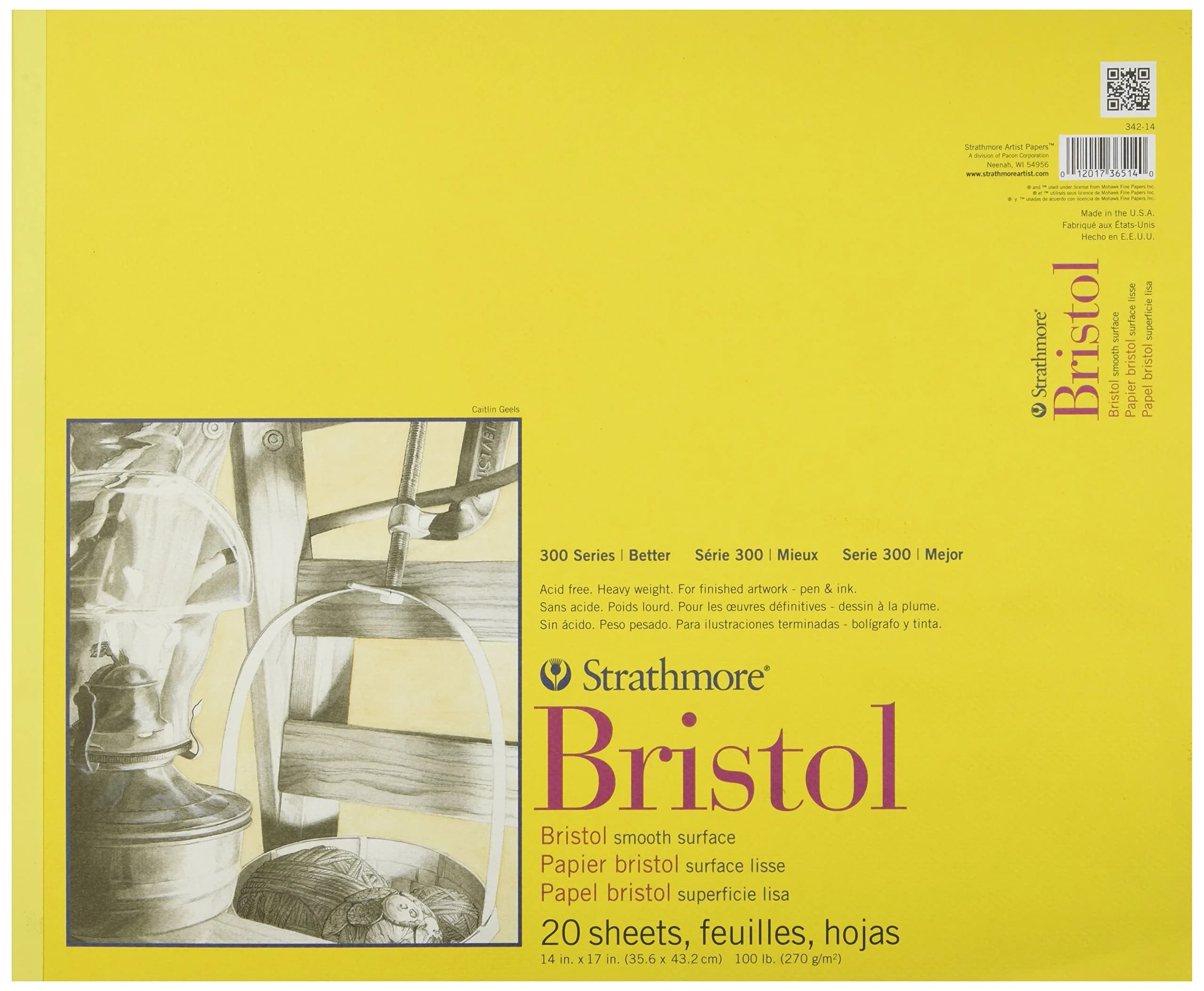 Strathmore 300 Series Bristol Paper Pad, Smooth, Tape Bound, 38.1cm x 43.2cm (14x17 inches), 20 Sheets (100lb/270g) | Artist Paper for Markers, Pen & Ink - main product image