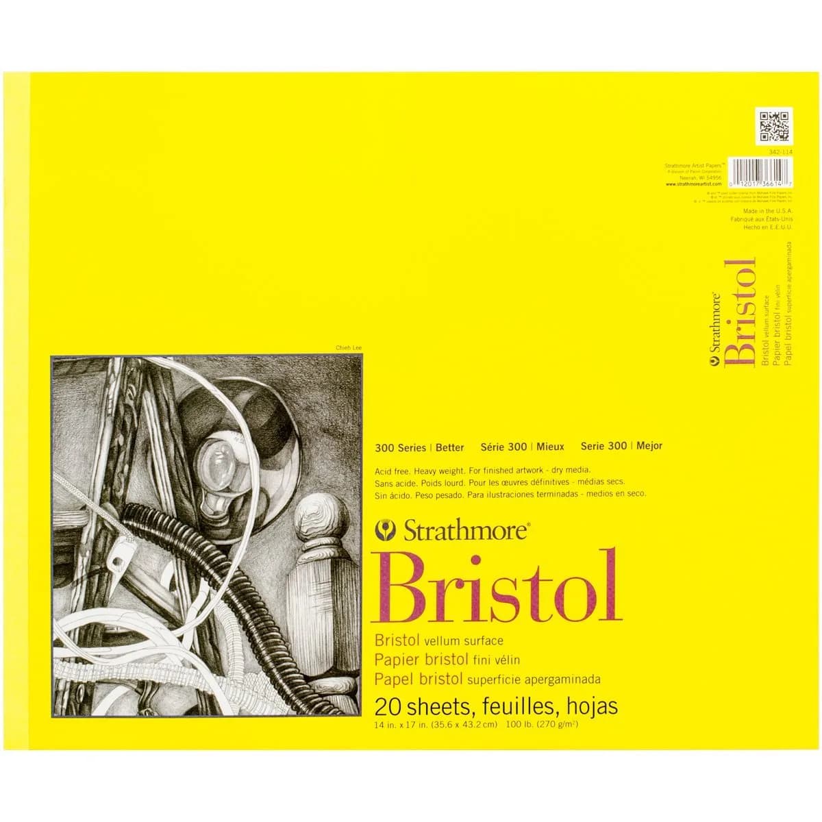 Strathmore 300 Series Vellum Bristol Paper Pad, 14x17 Inches, White, Tape Bound, 20 Sheets (270gsm) - main product image