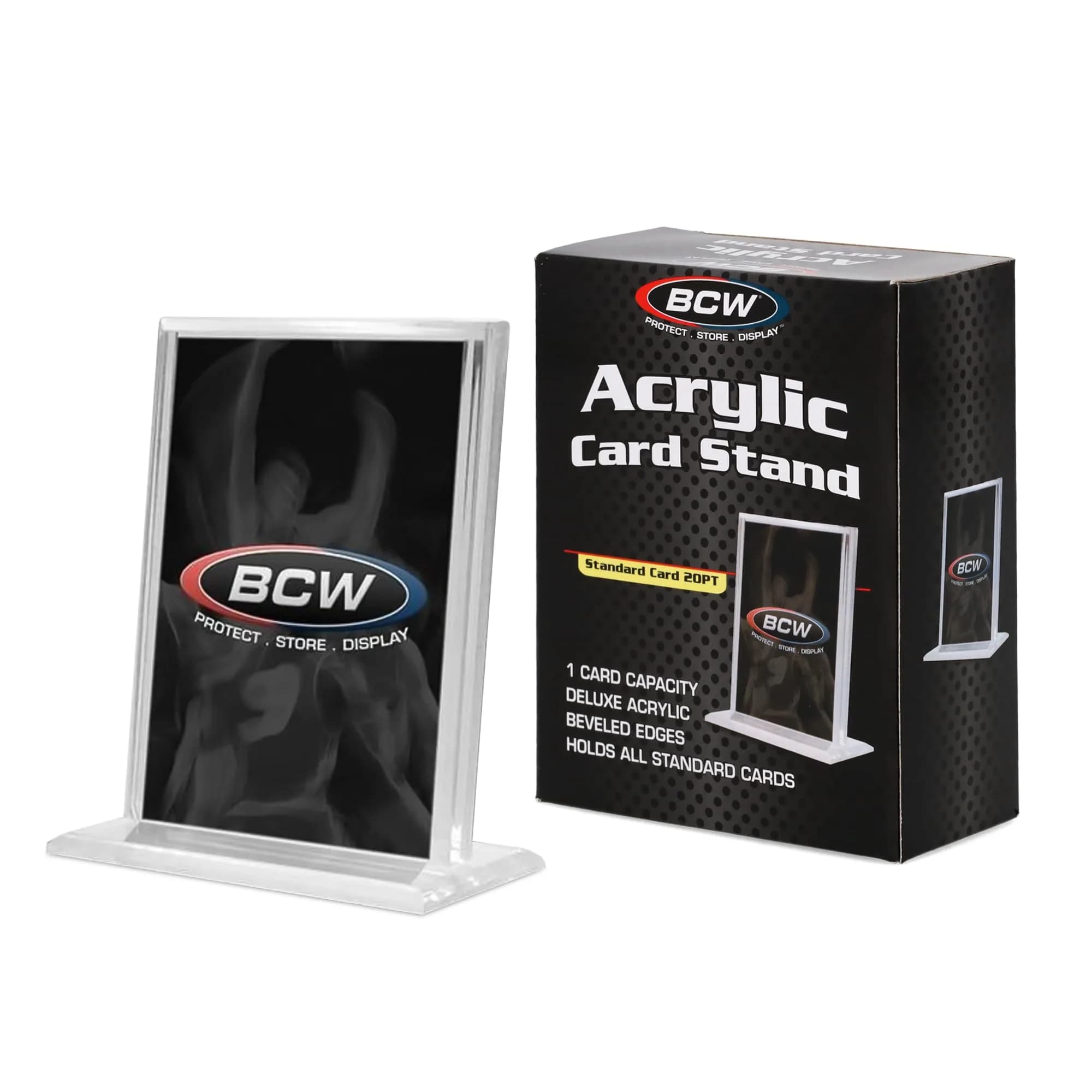 BCW Trading Card Display Stand - 1 ct | Acrylic Card Holder Stand for Sports Cards, Pokémon & TCG | Stable Vertical Card Stand with Beveled Edges | Clear Sports Card Display Stand - main product image