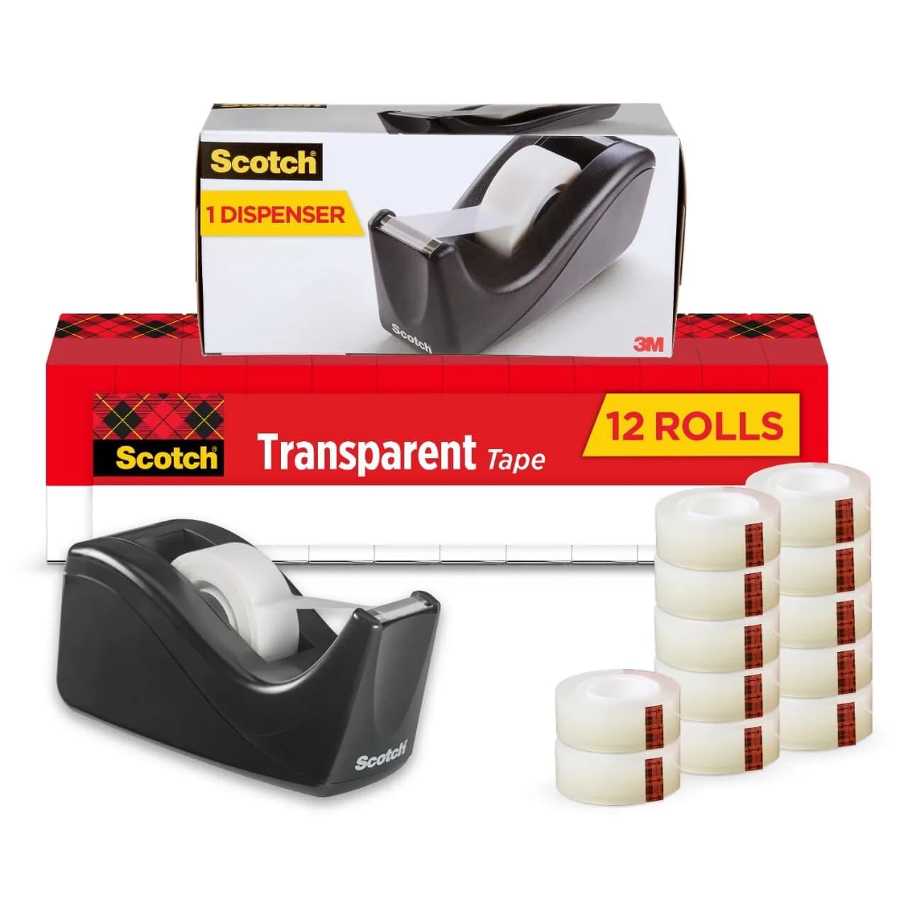 Scotch Transparent Tape with C60 Desktop Dispenser, 3/4 x 1000 Inches | Classic Glossy Finish, 12 Rolls + Dispenser - main product image