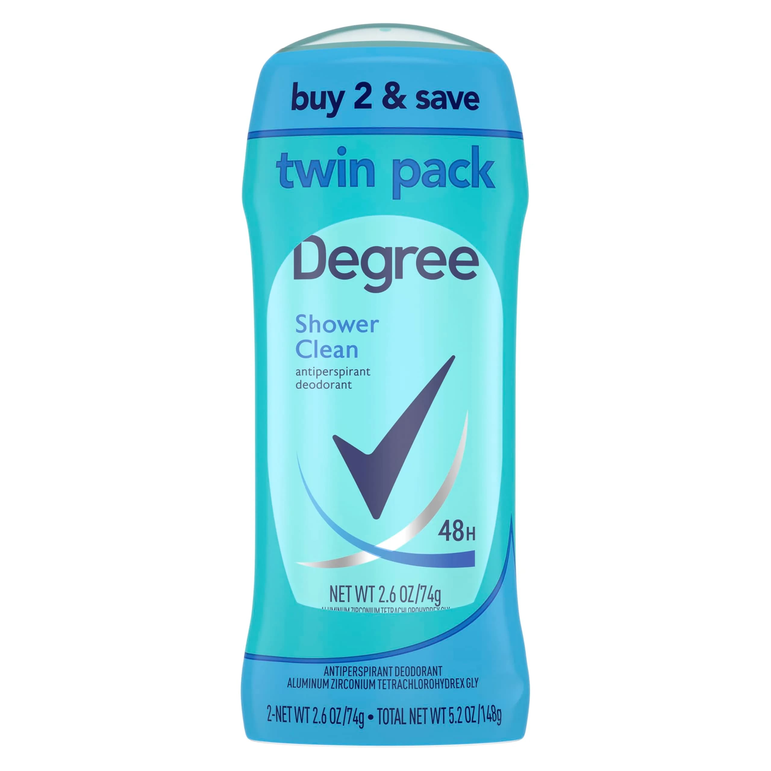 Degree Shower Clean Antiperspirant Deodorant Stick 2.6 oz Twin Pack | 48-Hour Freshness for Women — BLUE