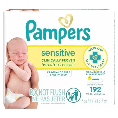 Pampers Sensitive Baby Wipes, Water Based, Fragrance-Free, Hypoallergenic, 192 Count (3 Refill Packs) | Skin Health Alliance Dermatologist Approved thumbnail 1