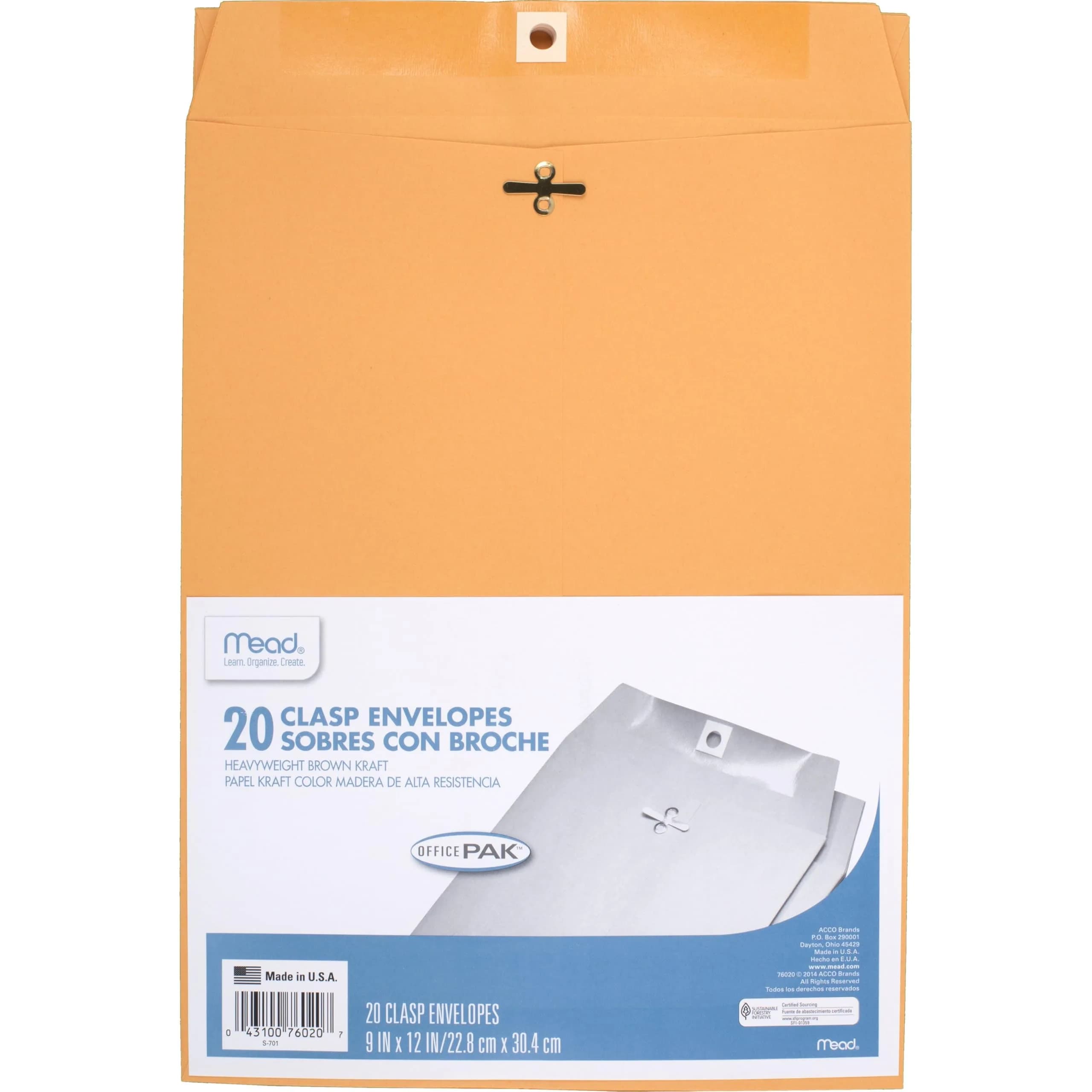 Mead 9" x 12" Brown Kraft Clasp Envelopes - USA Imported Mailing Envelopes (20 Count) - main product image