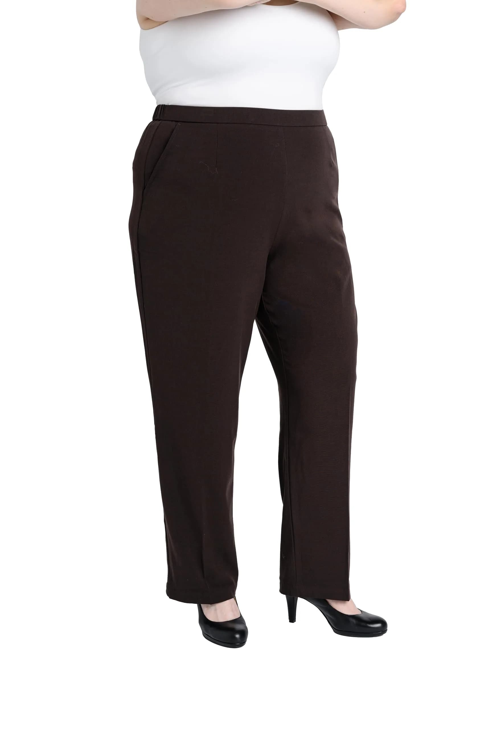 Briggs New York Plus Size Dress Pants Brown | Mid Rise, Straight Leg, Elastic Waist