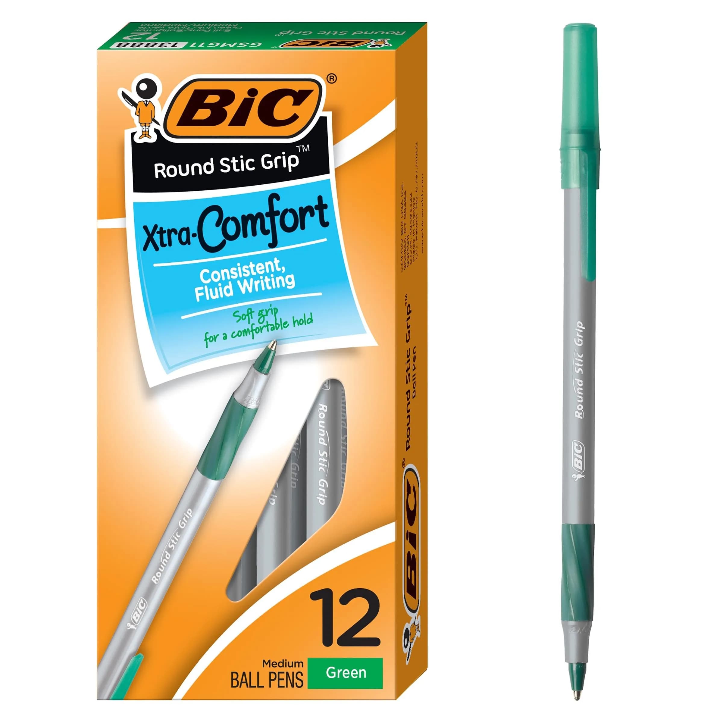 BIC Round Stic Grip Xtra-Comfort Medium Ball Point Pen, Green, 12-Pack | Smooth Ink Flow Writing Instrument — Green