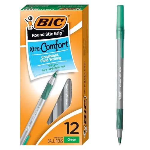 BIC Round Stic Grip Xtra-Comfort Medium Ball Point Pen, Green, 12-Pack | Smooth Ink Flow Writing Instrument thumbnail 1