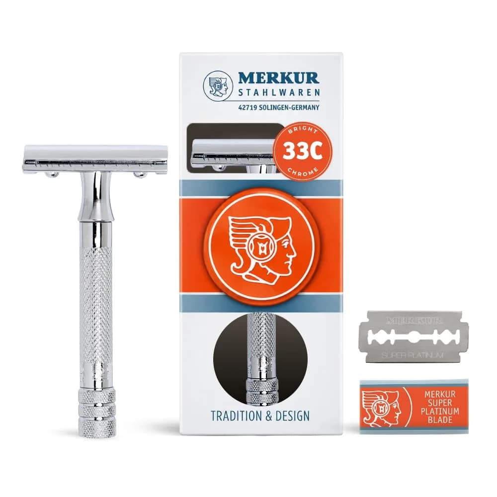 MERKUR 33C Double Edge Safety Razor, 3-Piece Design, Closed Comb, Short Handle, Bright Chrome Finish | Precision Wet Shaving - main product image
