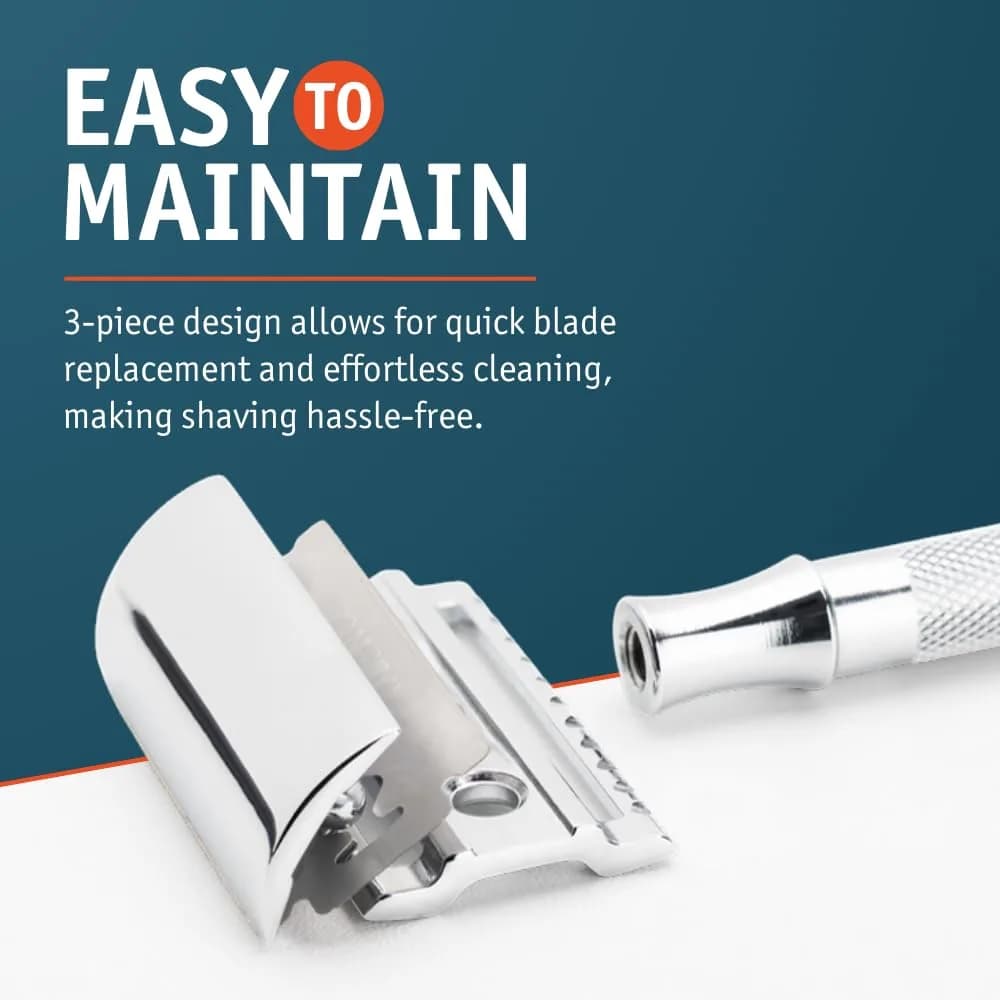 MERKUR 33C Double Edge Safety Razor, 3-Piece Design, Closed Comb, Short Handle, Bright Chrome Finish | Precision Wet Shaving - view 5